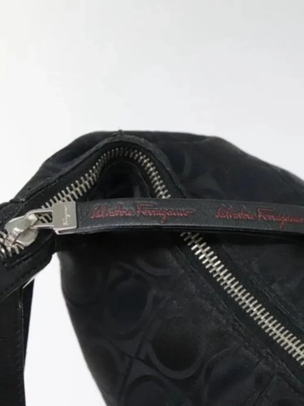 Salvatore Ferragamo Gancini Shoulder Bag Nylon Black Silver Auth bs18811